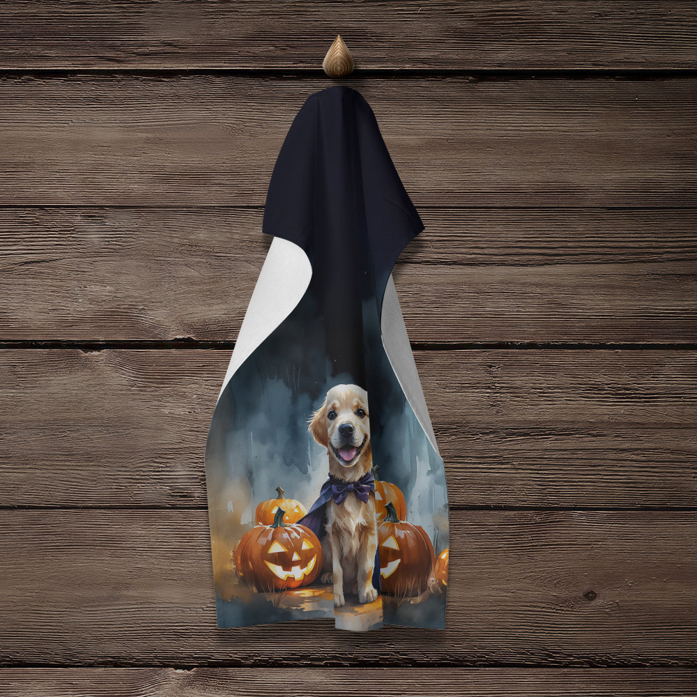 Golden Retriever Puppy Halloween Kitchen Towel Velour Plush Front and Cotton Loop Back Machine Washable