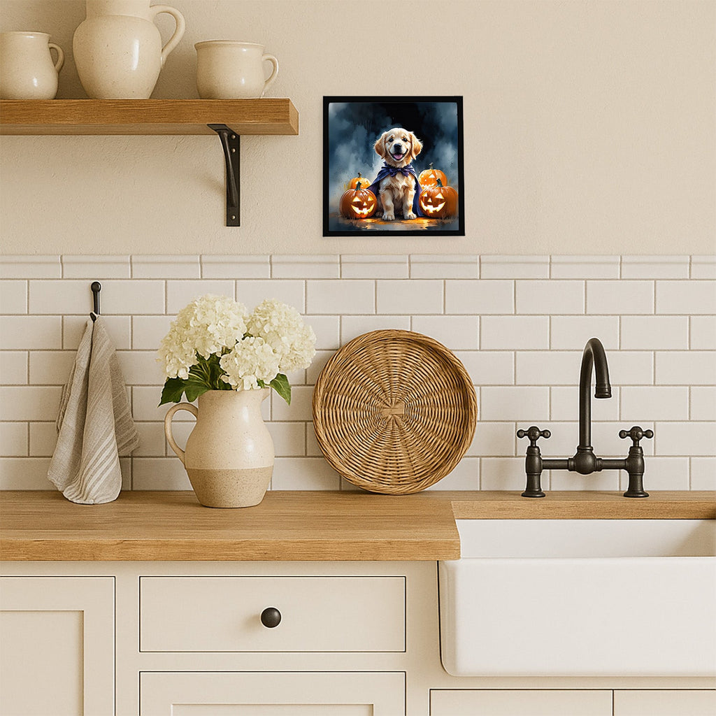 Golden Retriever Puppy Halloween Framed Metal Print Bathroom, Kitchen, Office, Home Decor Wall Art Ready to Hang, Square, 8X8