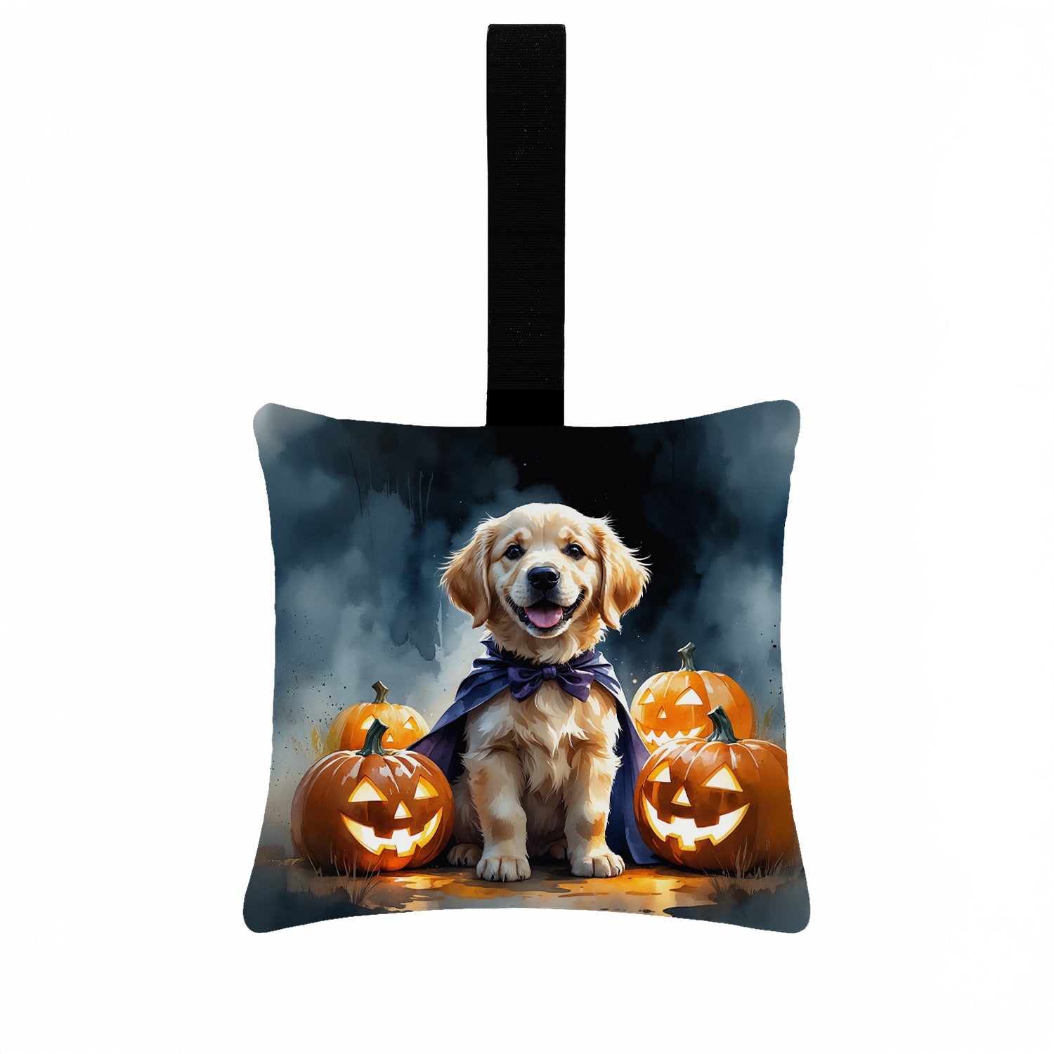 Golden Retriever Puppy Halloween Hanging Square Fabric Ornament 3.5 × 3.5 Decorative Door-Knob & Tree Hanger, Soft Fabric