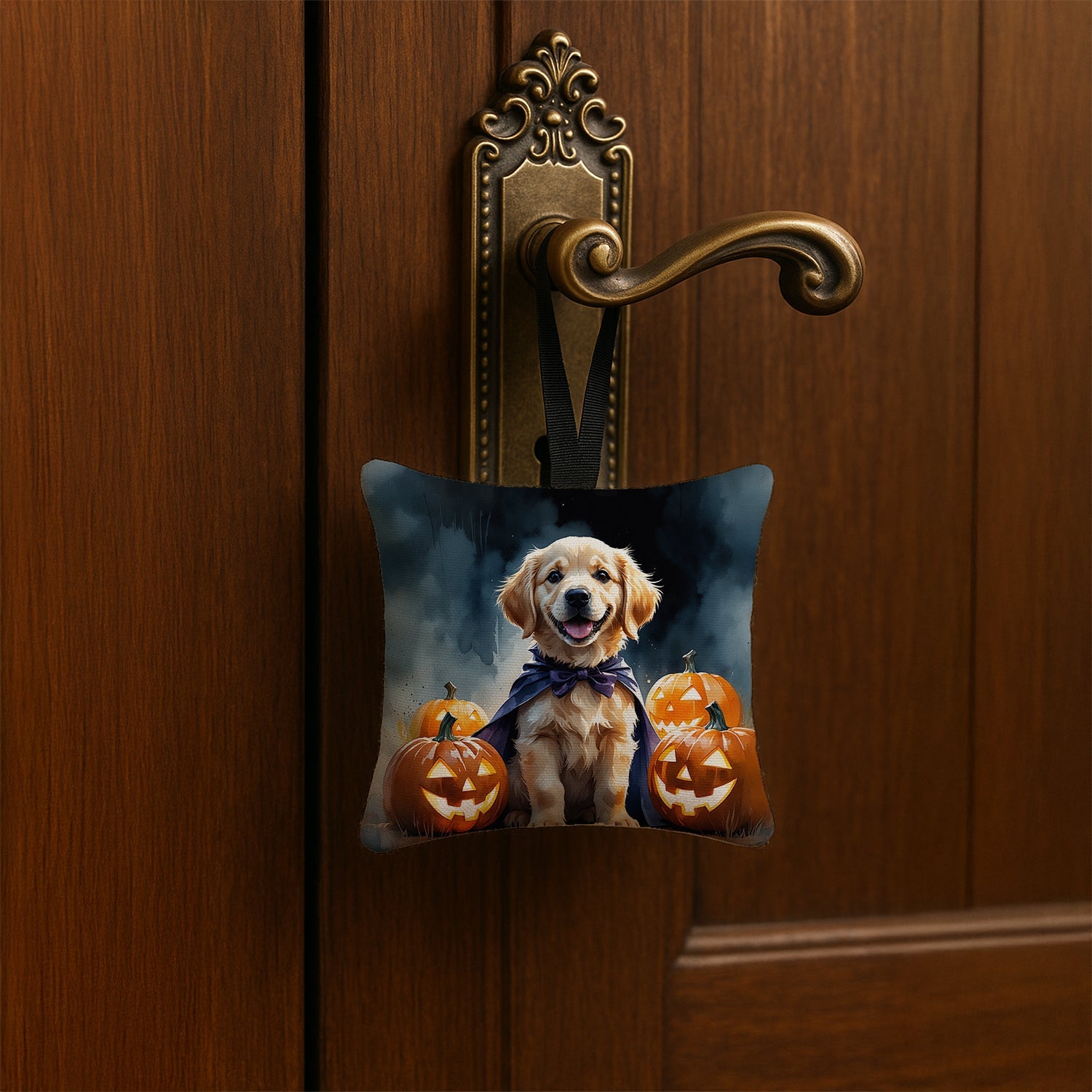 Golden Retriever Puppy Halloween Hanging Square Fabric Ornament 3.5 × 3.5 Decorative Door-Knob & Tree Hanger, Soft Fabric
