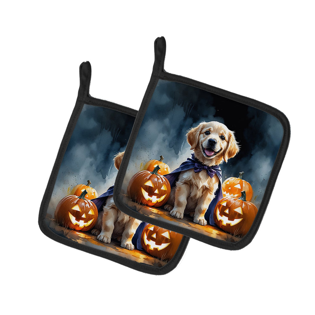 Golden Retriever Puppy Halloween Pot Holder Set of 2 Heat Resistant Quilted Hot Pads 7.5 x 7.5 Inch, Insulated Kitchen Trivets for Cooking & Baking
