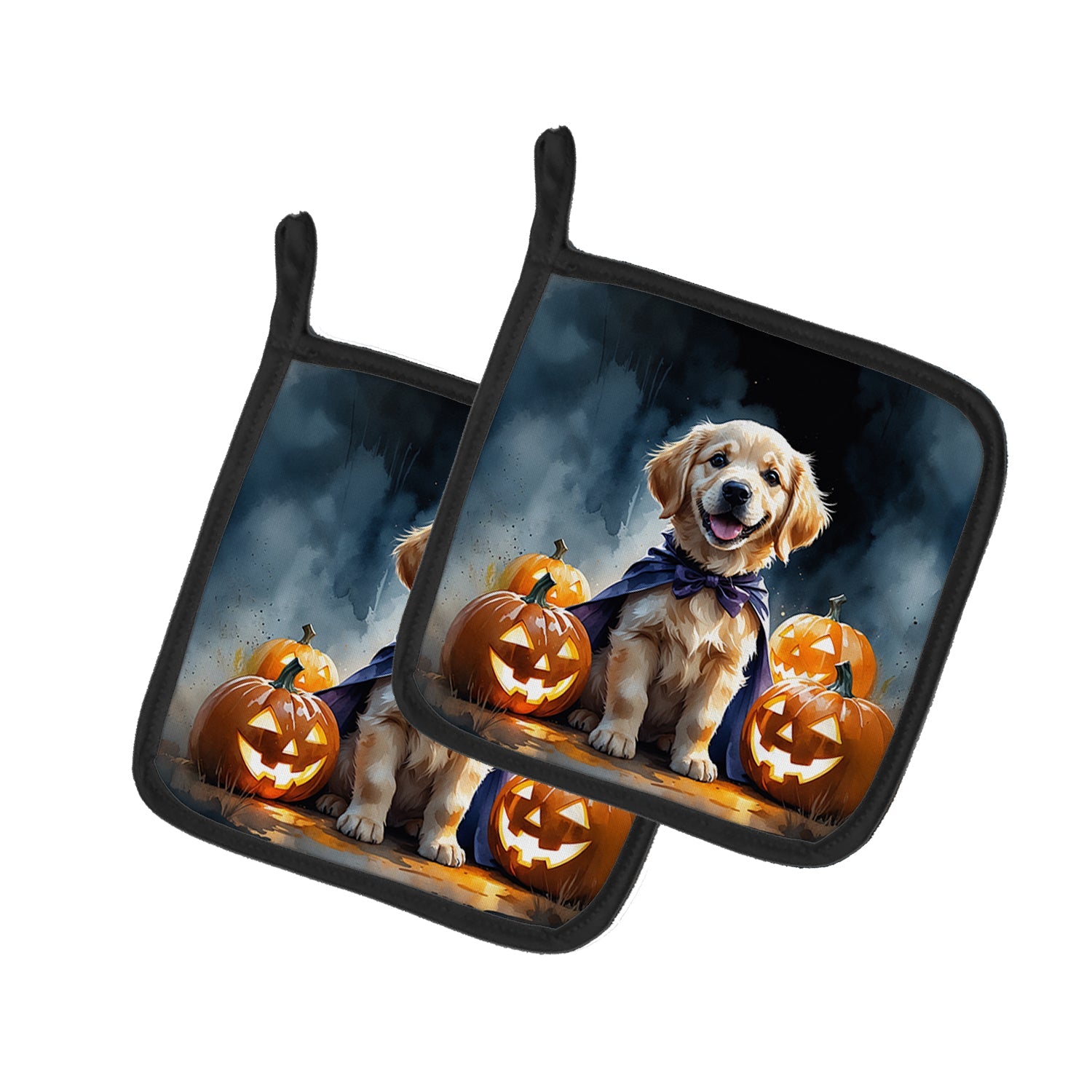 Golden Retriever Puppy Halloween Pot Holder Set of 2 Heat Resistant Quilted Hot Pads 7.5 x 7.5 Inch, Insulated Kitchen Trivets for Cooking & Baking