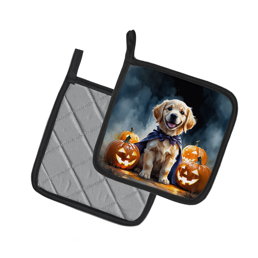 Golden Retriever Puppy Halloween Pot Holder Set of 2 Heat Resistant Quilted Hot Pads 7.5 x 7.5 Inch, Insulated Kitchen Trivets for Cooking & Baking