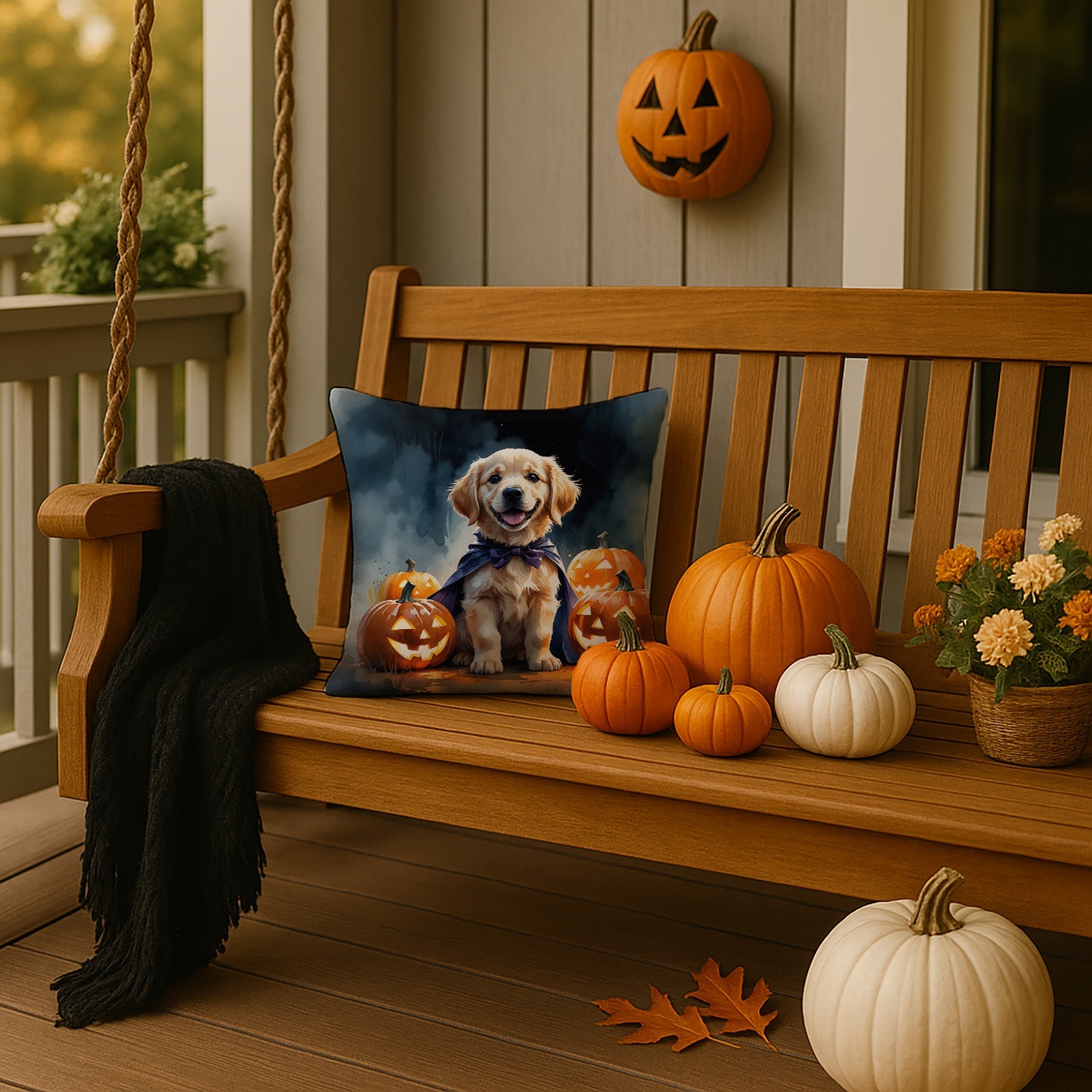 Golden Retriever Puppy Halloween Decorative Throw Pillow 14x14 Indoor Outdoor Accent Cushion, Fabric Cover with Insert for Sofa, Bed, Porch & Living Room