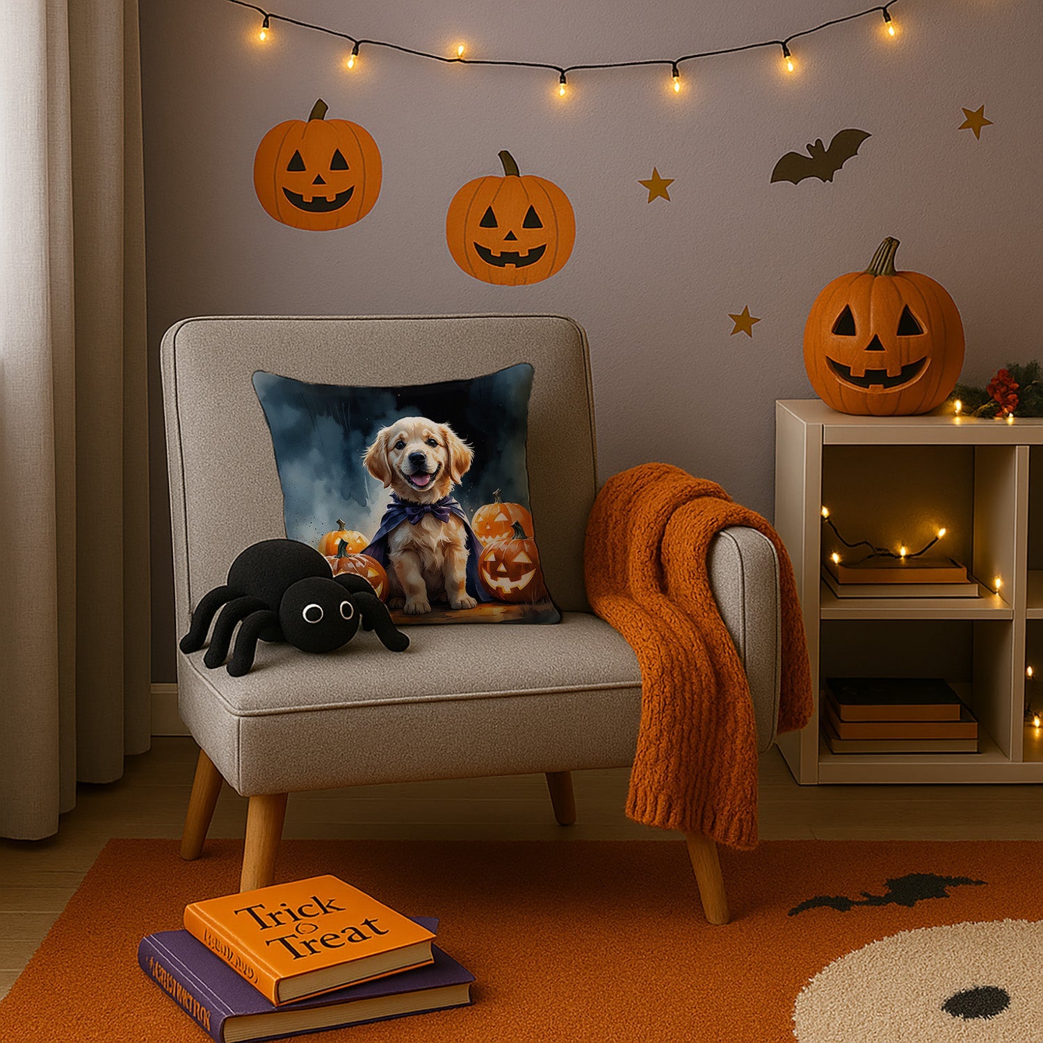 Golden Retriever Puppy Halloween Decorative Throw Pillow 14x14 Indoor Outdoor Accent Cushion, Fabric Cover with Insert for Sofa, Bed, Porch & Living Room