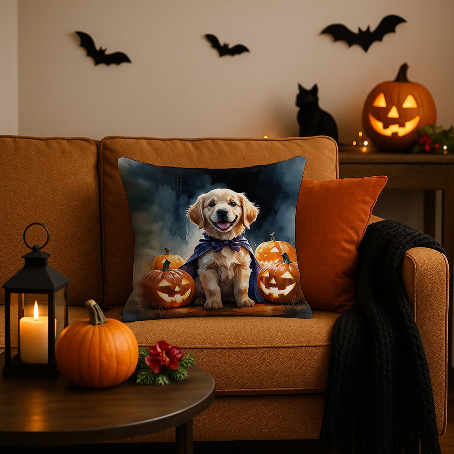 Golden Retriever Puppy Halloween Decorative Throw Pillow 18x18 Indoor Outdoor Accent Cushion, Fabric Cover with Insert for Sofa, Bed, Porch & Living Room
