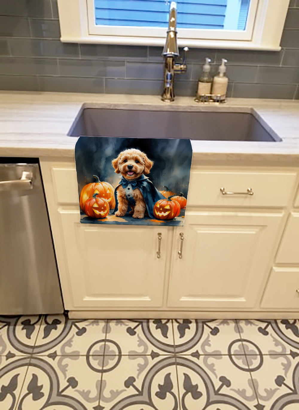 Goldendoodle Puppy Halloween Kitchen Towel Velour Plush Front and Cotton Loop Back Machine Washable