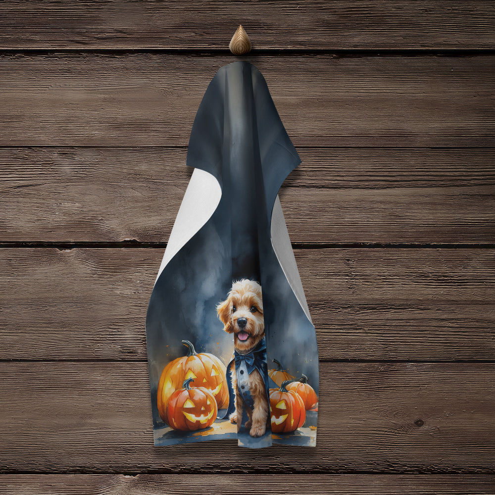 Goldendoodle Puppy Halloween Kitchen Towel Velour Plush Front and Cotton Loop Back Machine Washable