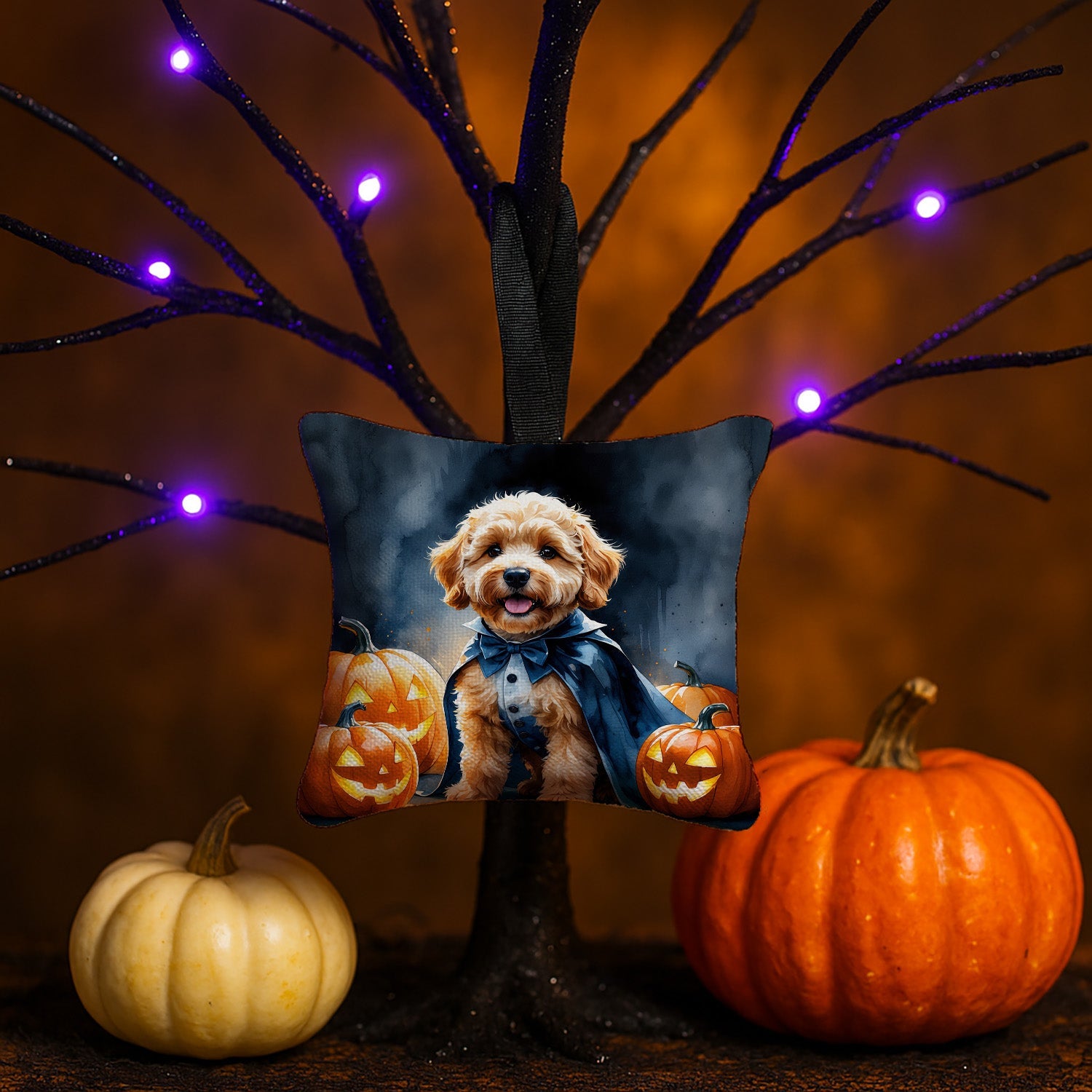 Goldendoodle Puppy Halloween Hanging Square Fabric Ornament 3.5 × 3.5 Decorative Door-Knob & Tree Hanger, Soft Fabric