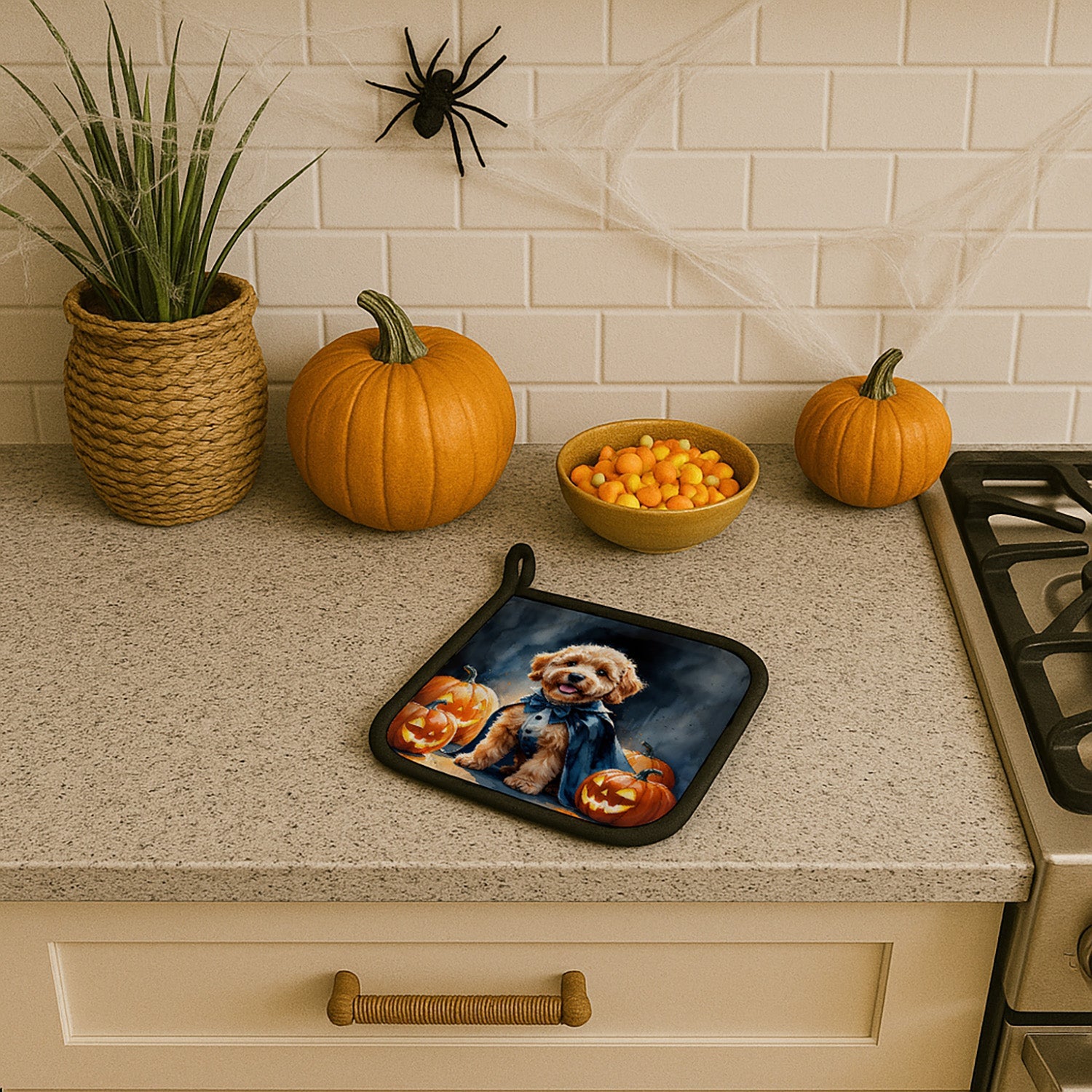 Goldendoodle Puppy Halloween Pot Holder Set of 2 Heat Resistant Quilted Hot Pads 7.5 x 7.5 Inch, Insulated Kitchen Trivets for Cooking & Baking