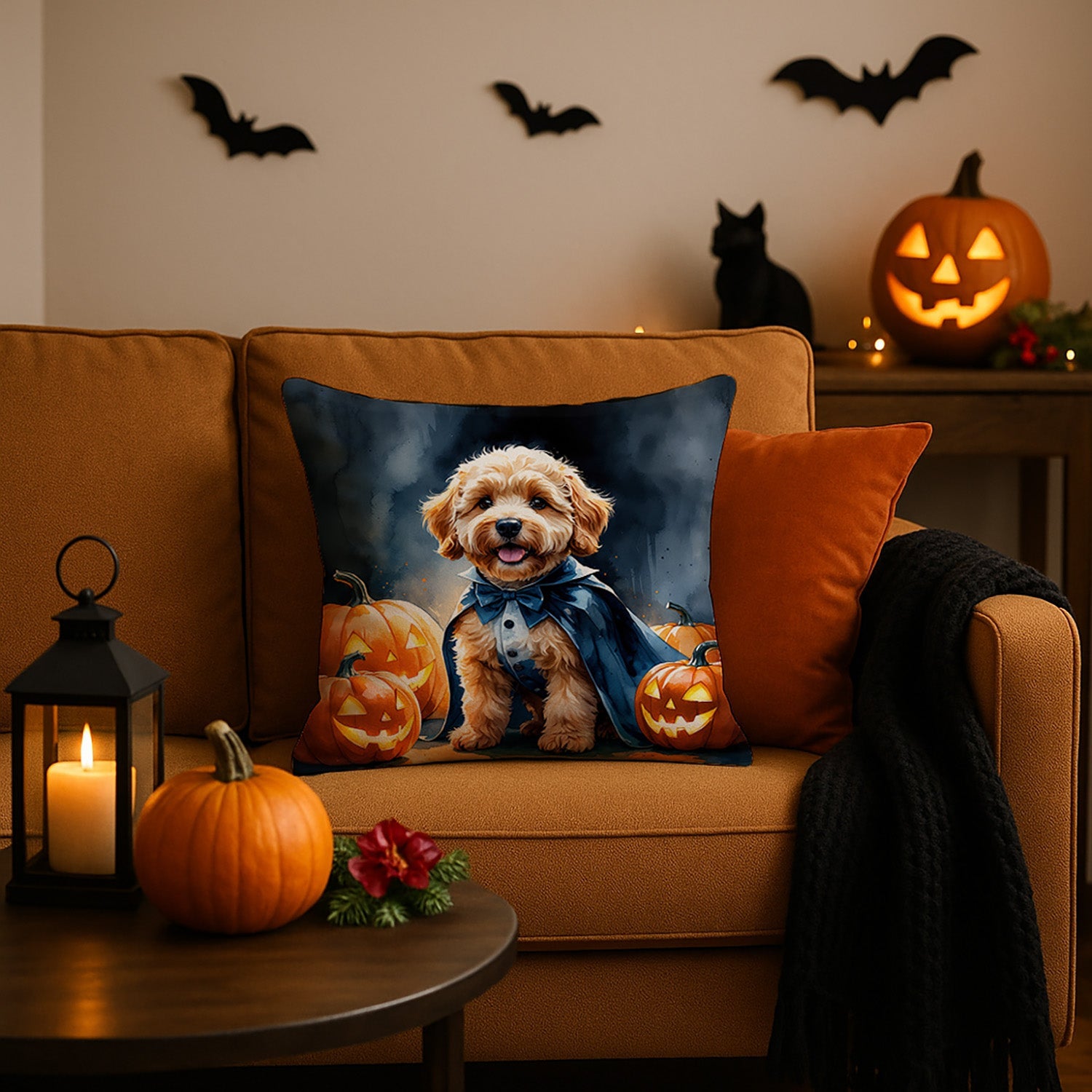 Goldendoodle Puppy Halloween Decorative Throw Pillow 18x18 Indoor Outdoor Accent Cushion, Fabric Cover with Insert for Sofa, Bed, Porch & Living Room