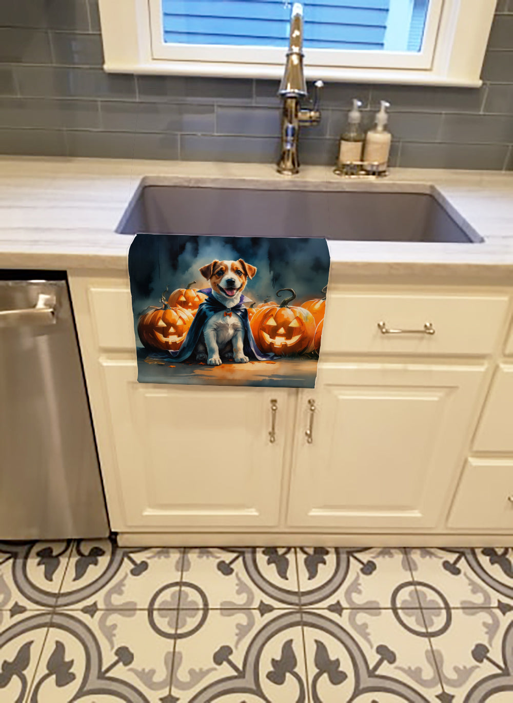 Jack Russell Terrier Puppy Halloween Kitchen Towel Velour Plush Front and Cotton Loop Back Machine Washable