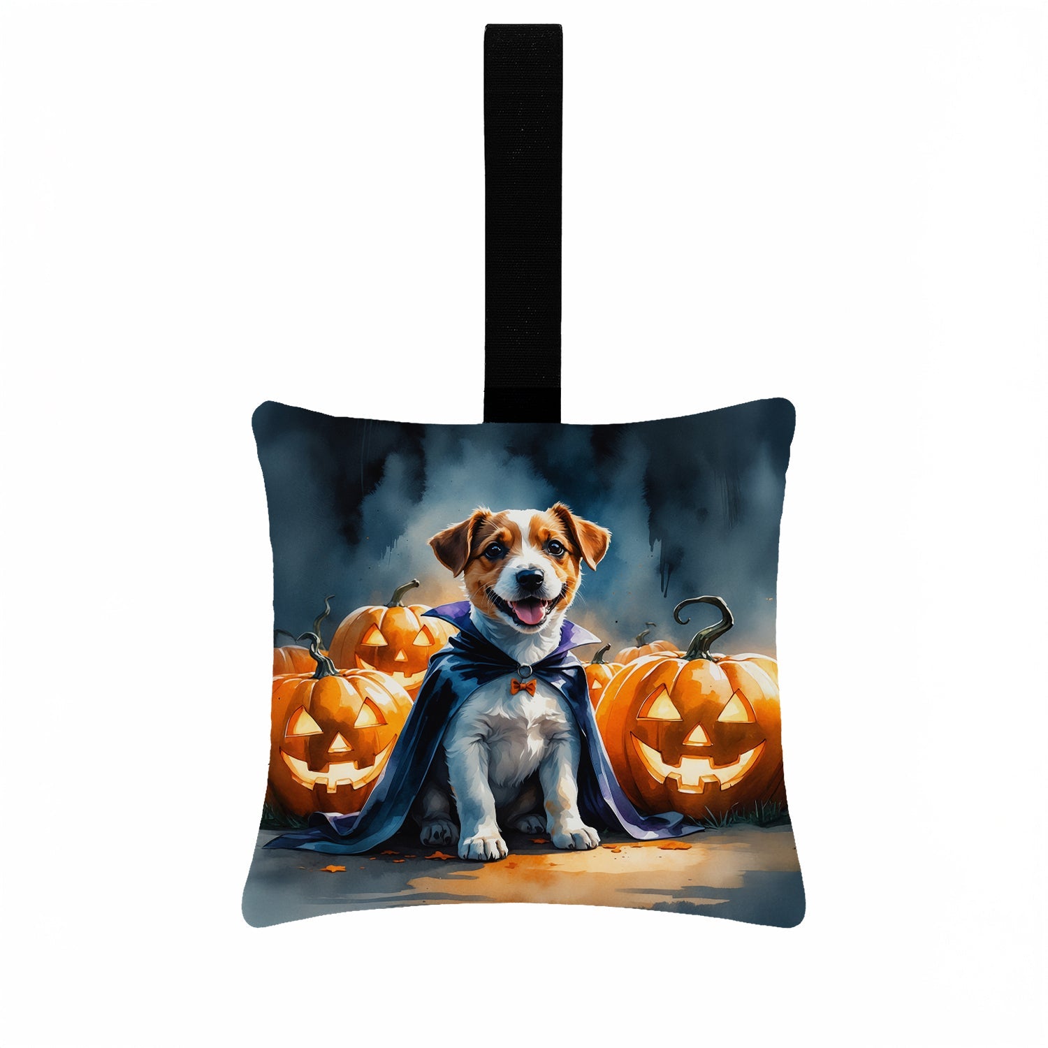Jack Russell Terrier Puppy Halloween Hanging Square Fabric Ornament 3.5 × 3.5 Decorative Door-Knob & Tree Hanger, Soft Fabric