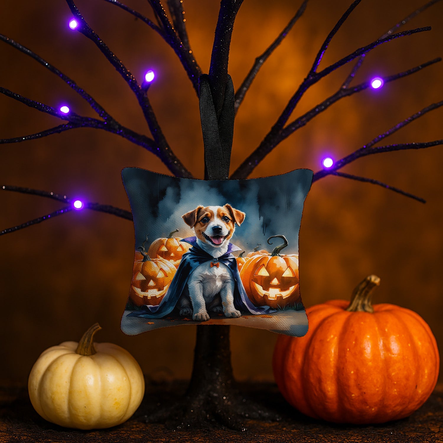 Jack Russell Terrier Puppy Halloween Hanging Square Fabric Ornament 3.5 × 3.5 Decorative Door-Knob & Tree Hanger, Soft Fabric