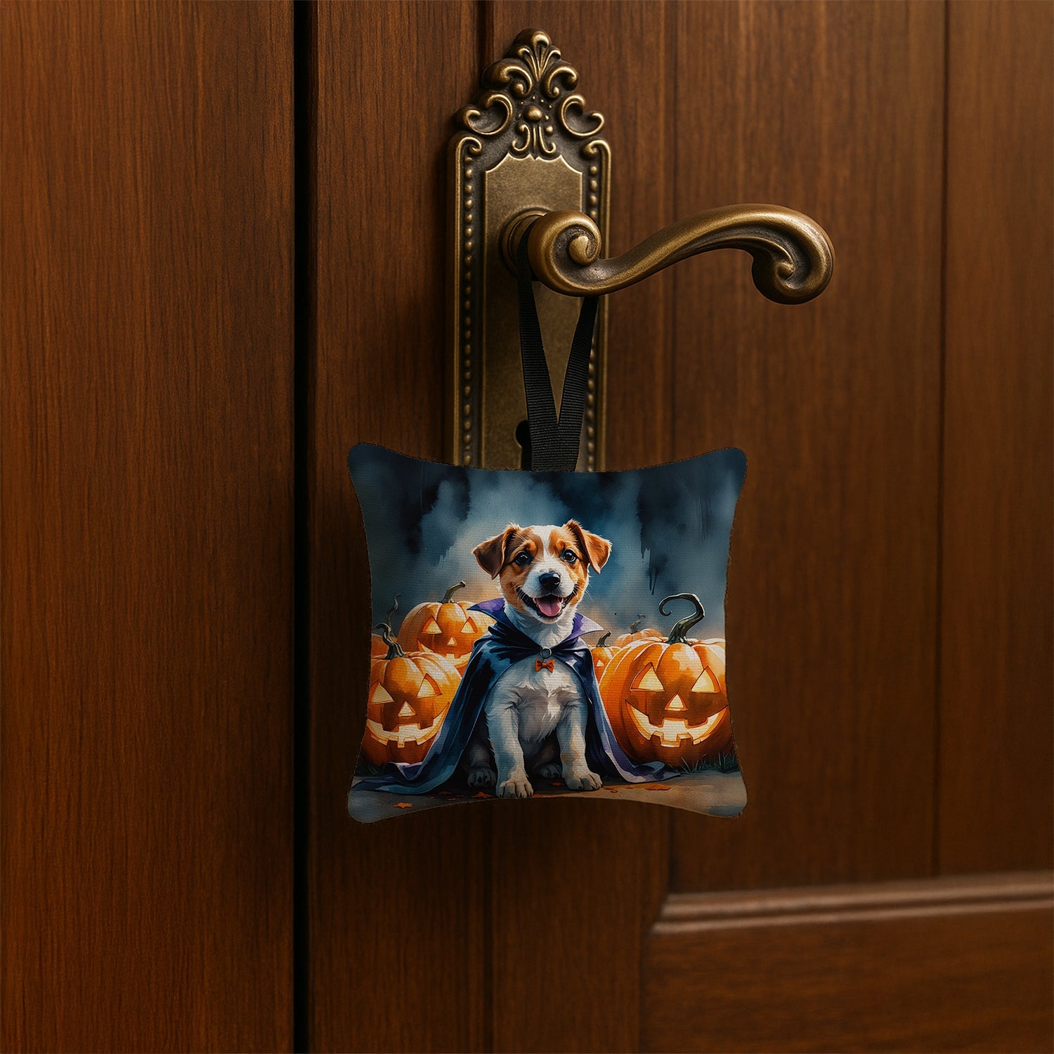 Jack Russell Terrier Puppy Halloween Hanging Square Fabric Ornament 3.5 × 3.5 Decorative Door-Knob & Tree Hanger, Soft Fabric
