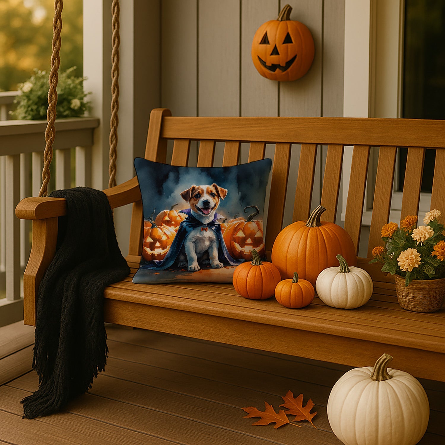 Jack Russell Terrier Puppy Halloween Decorative Throw Pillow 14x14 Indoor Outdoor Accent Cushion, Fabric Cover with Insert for Sofa, Bed, Porch & Living Room