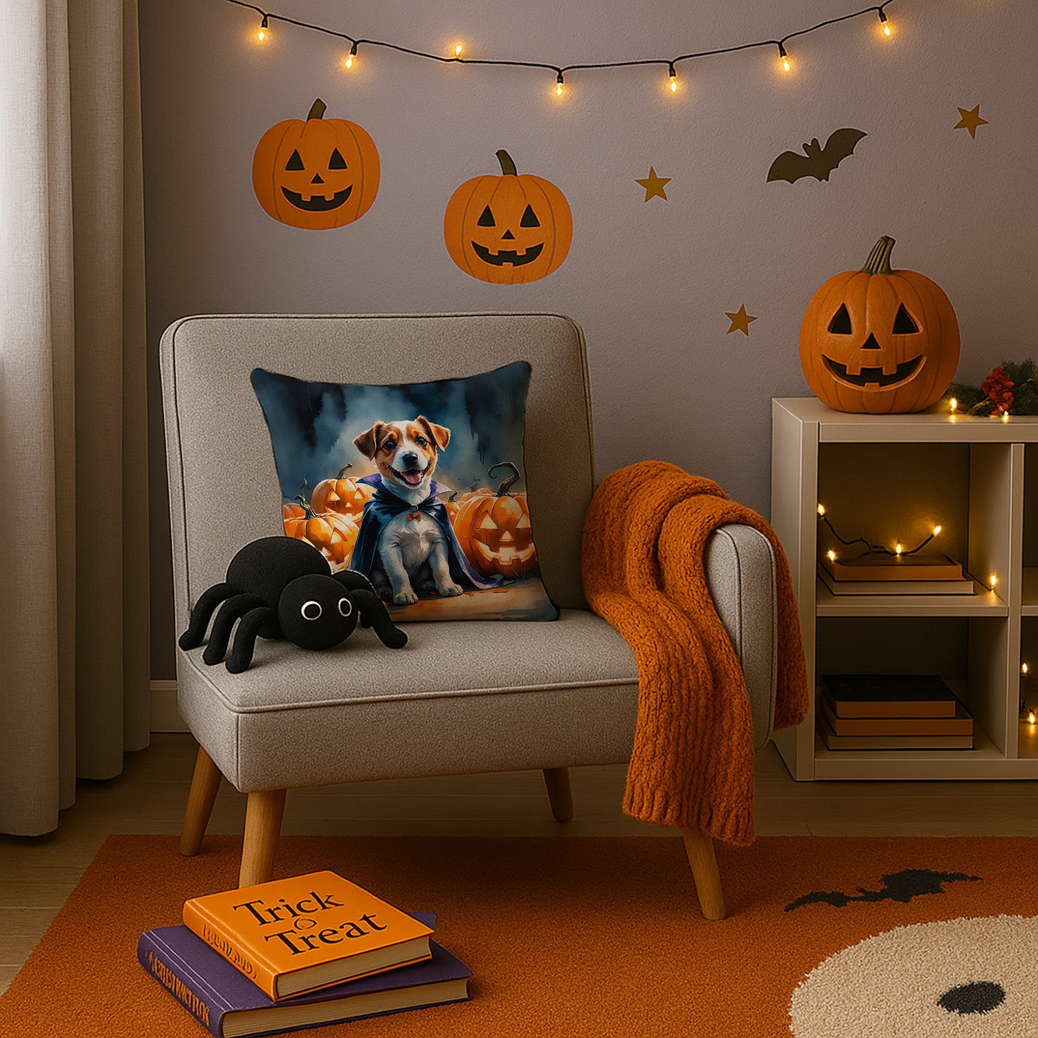 Jack Russell Terrier Puppy Halloween Decorative Throw Pillow 14x14 Indoor Outdoor Accent Cushion, Fabric Cover with Insert for Sofa, Bed, Porch & Living Room
