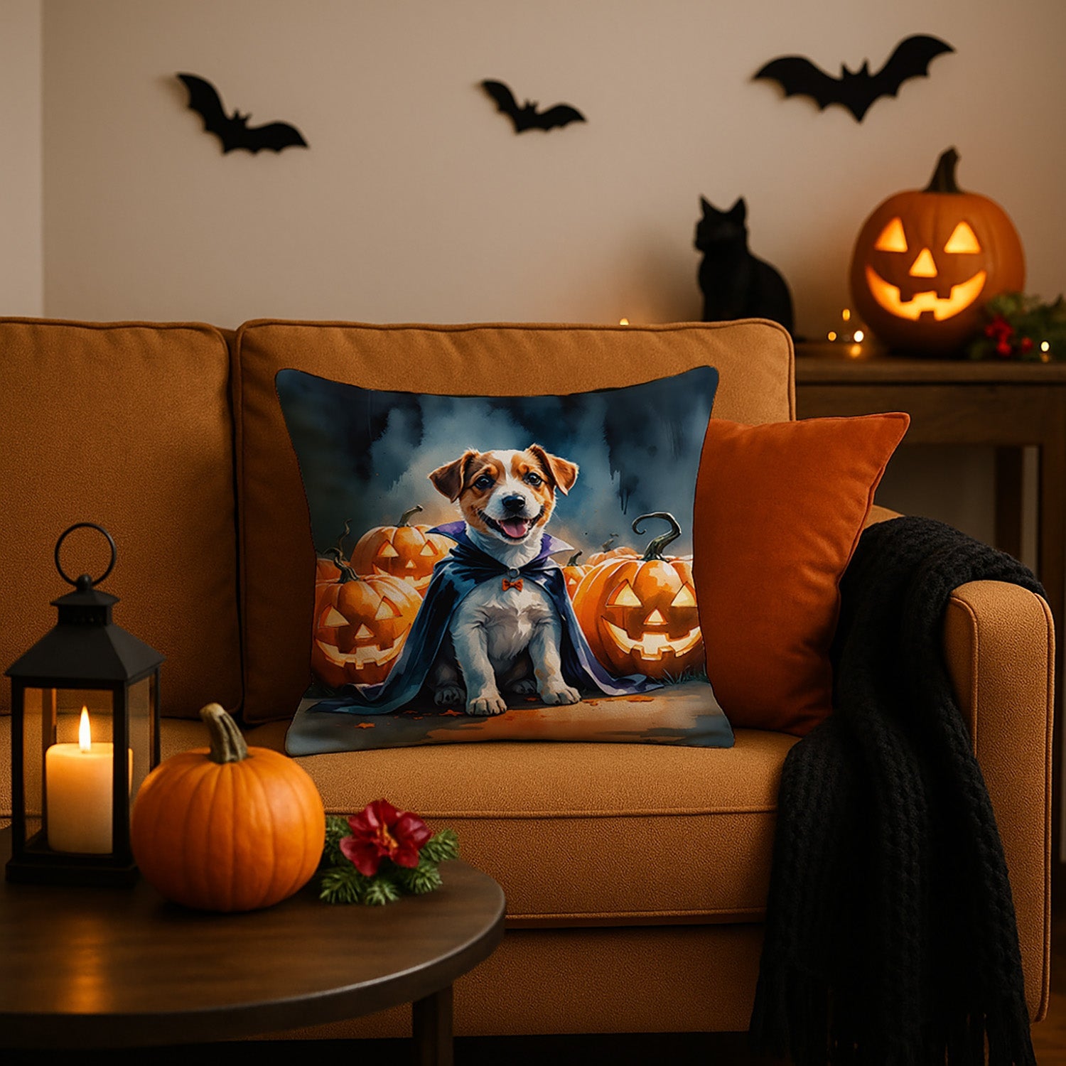 Jack Russell Terrier Puppy Halloween Decorative Throw Pillow 18x18 Indoor Outdoor Accent Cushion, Fabric Cover with Insert for Sofa, Bed, Porch & Living Room