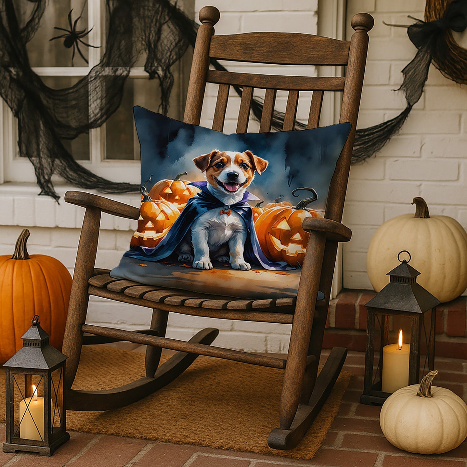 Jack Russell Terrier Puppy Halloween Decorative Throw Pillow 18x18 Indoor Outdoor Accent Cushion, Fabric Cover with Insert for Sofa, Bed, Porch & Living Room