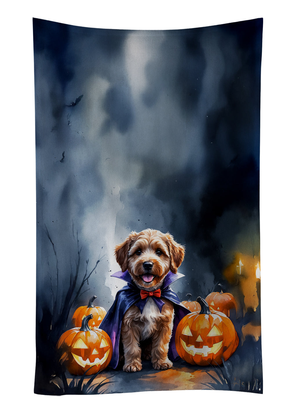 Chocolate Labradoodle Puppy Halloween Kitchen Towel Velour Plush Front and Cotton Loop Back Machine Washable