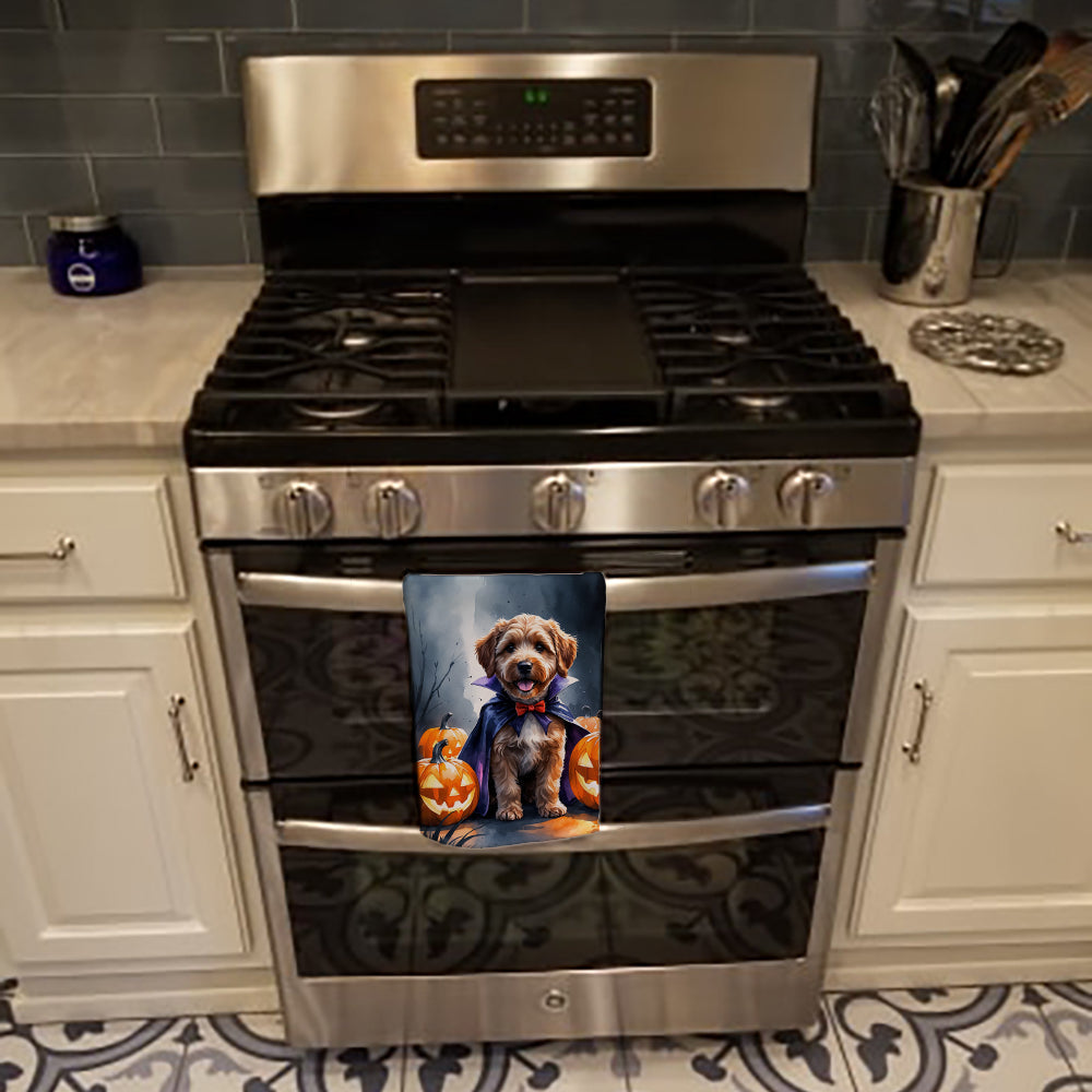 Chocolate Labradoodle Puppy Halloween Kitchen Towel Velour Plush Front and Cotton Loop Back Machine Washable