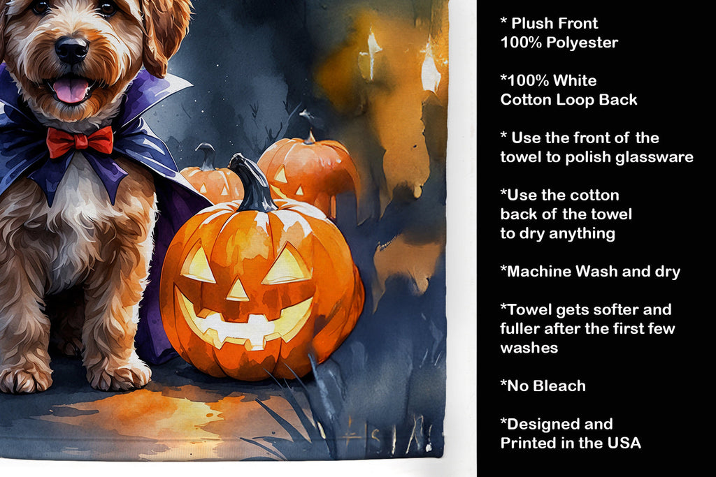 Chocolate Labradoodle Puppy Halloween Kitchen Towel Velour Plush Front and Cotton Loop Back Machine Washable