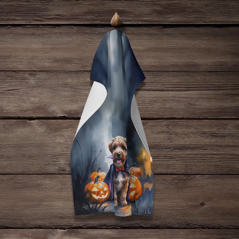 Chocolate Labradoodle Puppy Halloween Kitchen Towel Velour Plush Front and Cotton Loop Back Machine Washable