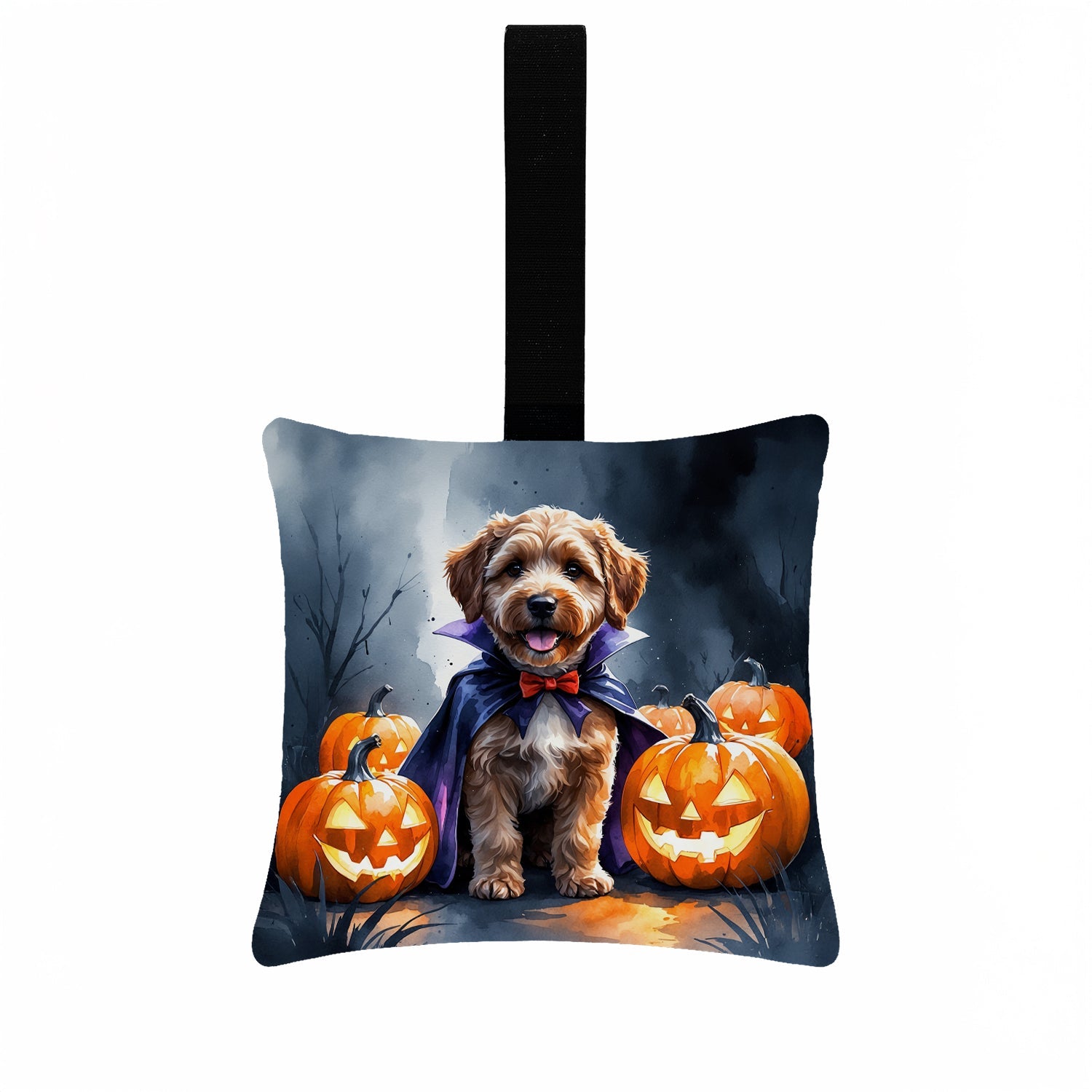 Chocolate Labradoodle Puppy Halloween Hanging Square Fabric Ornament 3.5 × 3.5 Decorative Door-Knob & Tree Hanger, Soft Fabric
