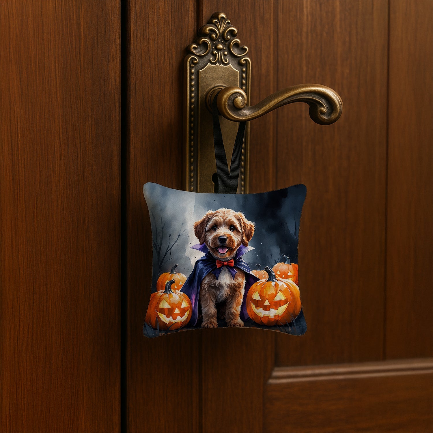 Chocolate Labradoodle Puppy Halloween Hanging Square Fabric Ornament 3.5 × 3.5 Decorative Door-Knob & Tree Hanger, Soft Fabric