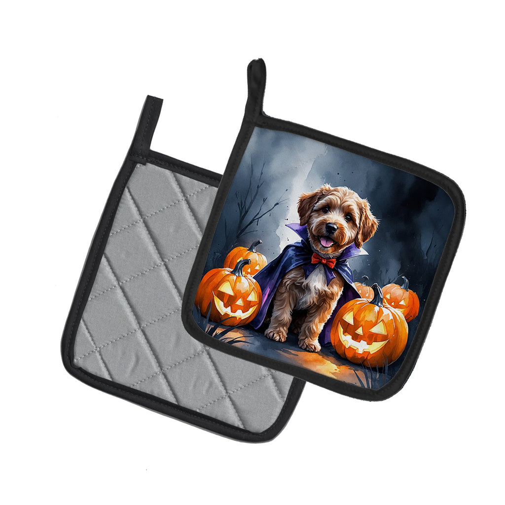 Chocolate Labradoodle Puppy Halloween Pot Holder Set of 2 Heat Resistant Quilted Hot Pads 7.5 x 7.5 Inch, Insulated Kitchen Trivets for Cooking & Baking