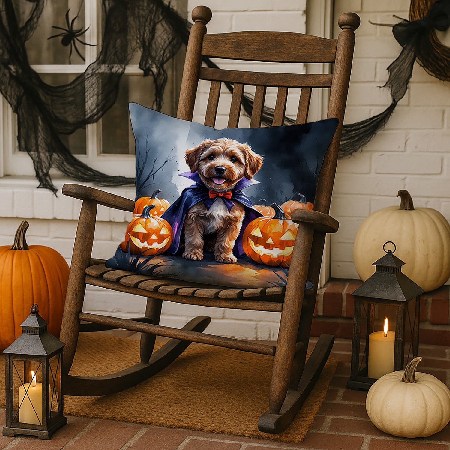 Chocolate Labradoodle Puppy Halloween Decorative Throw Pillow 18x18 Indoor Outdoor Accent Cushion, Fabric Cover with Insert for Sofa, Bed, Porch & Living Room
