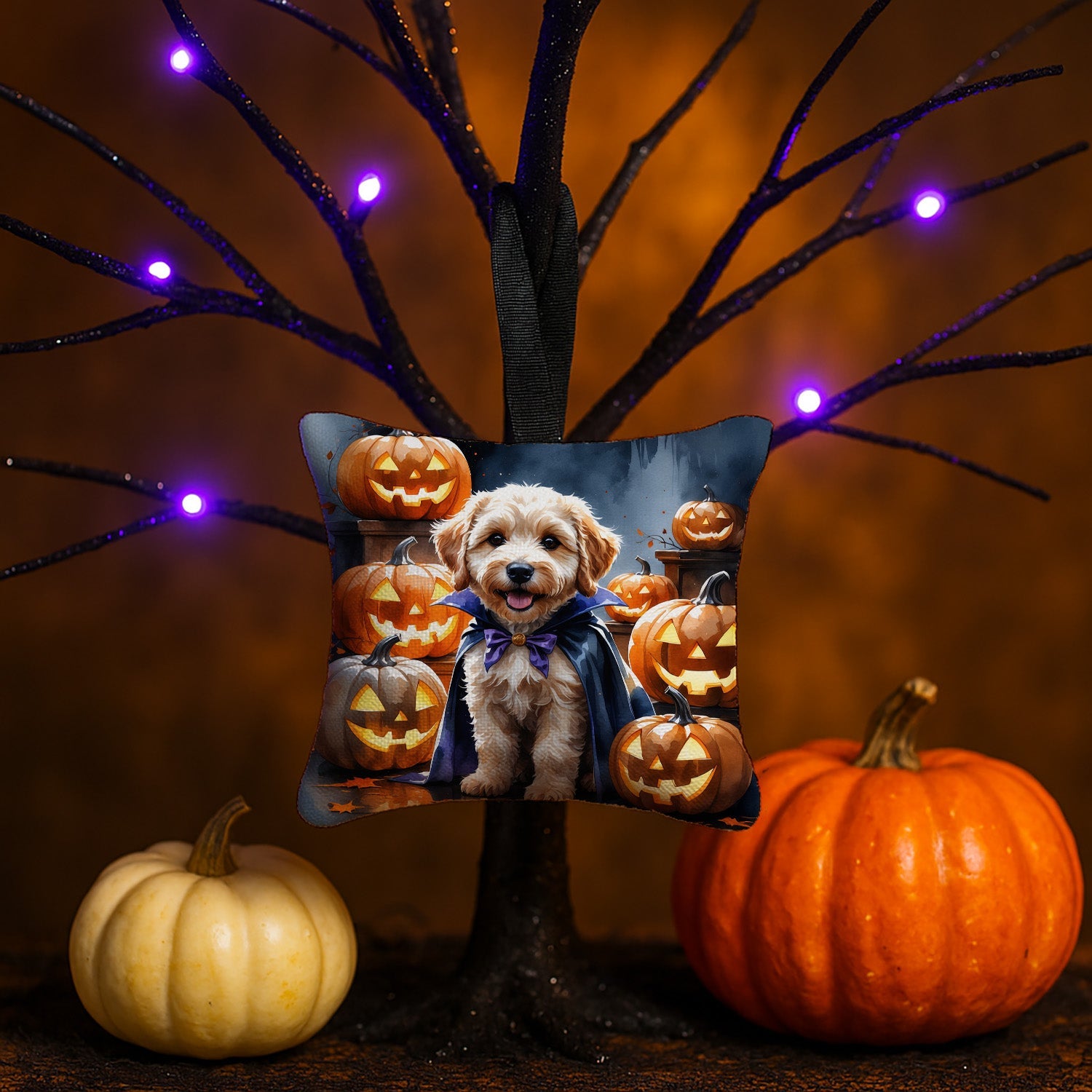 Labradoodle Puppy Halloween Hanging Square Fabric Ornament 3.5 × 3.5 Decorative Door-Knob & Tree Hanger, Soft Fabric