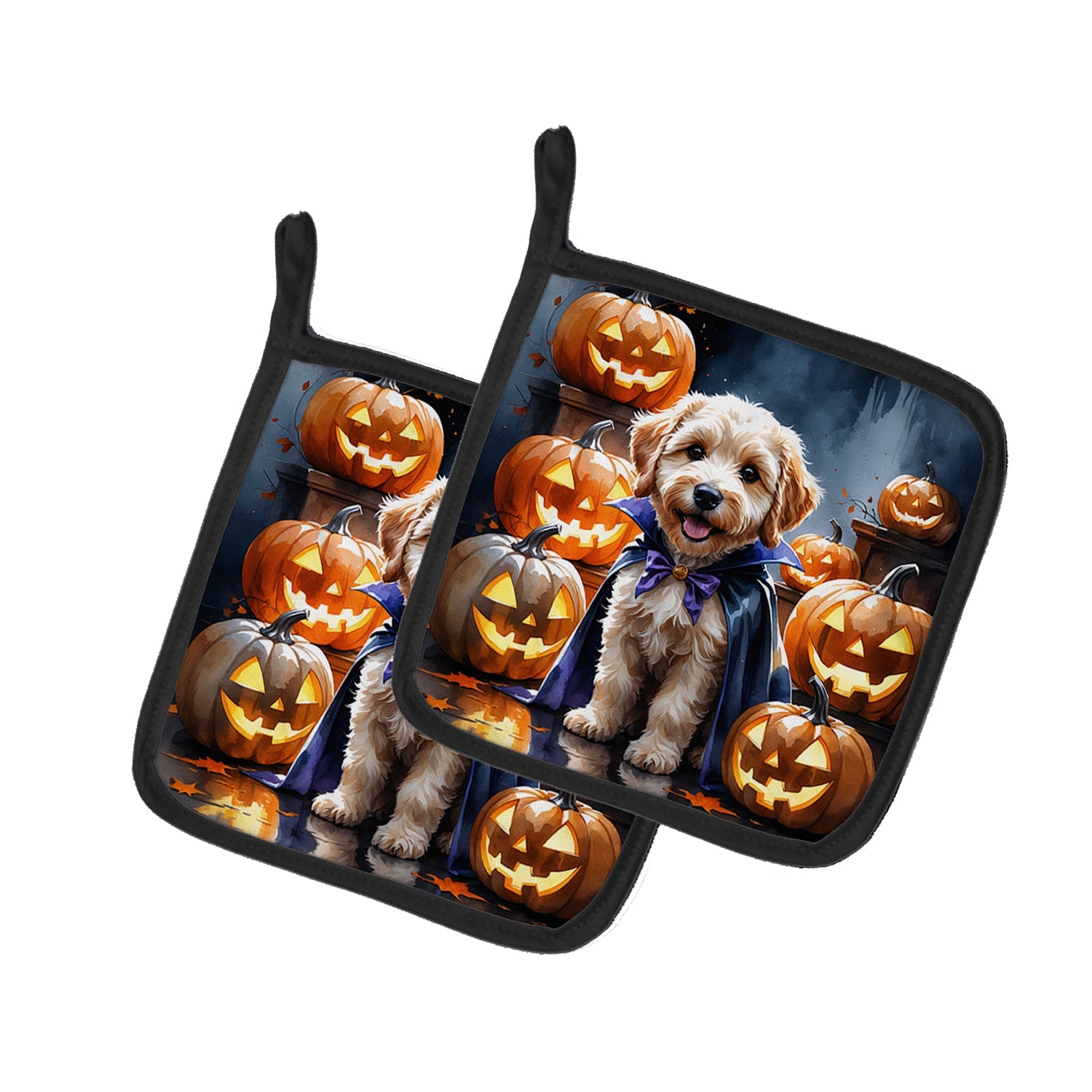 Labradoodle Puppy Halloween Pot Holder Set of 2 Heat Resistant Quilted Hot Pads 7.5 x 7.5 Inch, Insulated Kitchen Trivets for Cooking & Baking