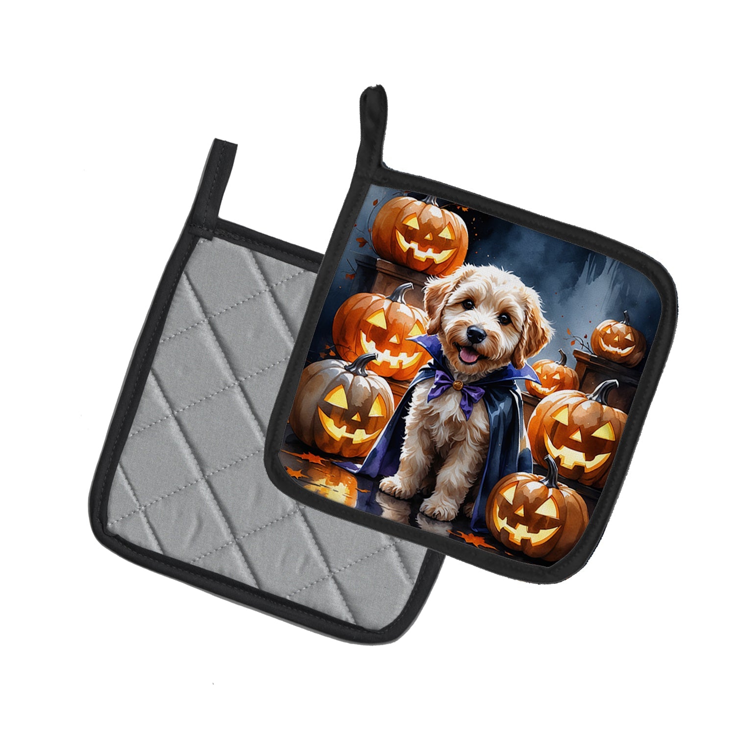 Labradoodle Puppy Halloween Pot Holder Set of 2 Heat Resistant Quilted Hot Pads 7.5 x 7.5 Inch, Insulated Kitchen Trivets for Cooking & Baking