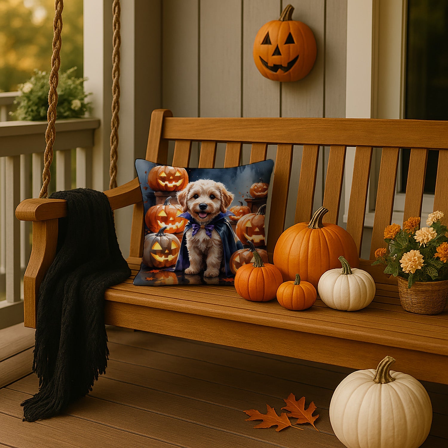 Labradoodle Puppy Halloween Decorative Throw Pillow 14x14 Indoor Outdoor Accent Cushion, Fabric Cover with Insert for Sofa, Bed, Porch & Living Room