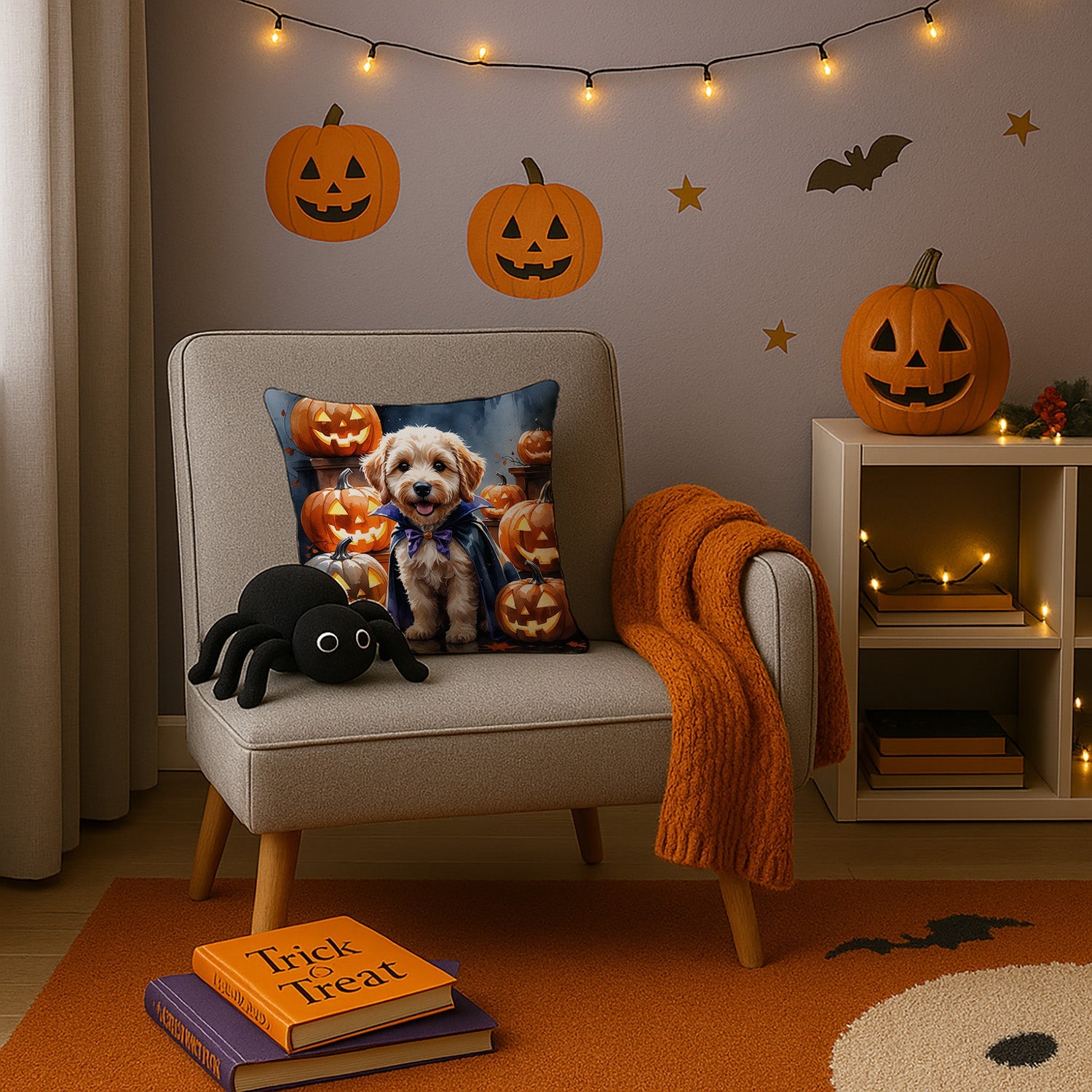 Labradoodle Puppy Halloween Decorative Throw Pillow 14x14 Indoor Outdoor Accent Cushion, Fabric Cover with Insert for Sofa, Bed, Porch & Living Room