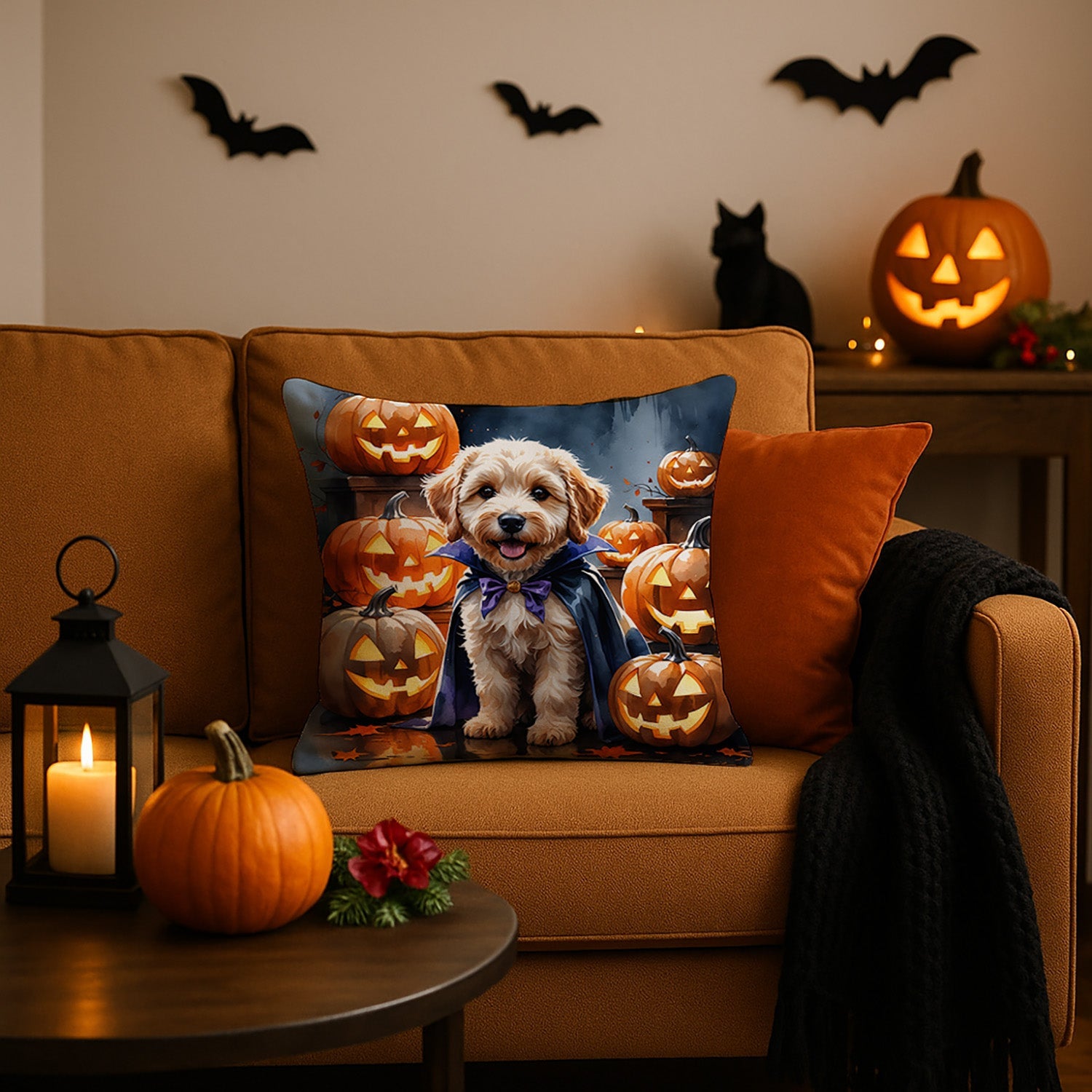 Labradoodle Puppy Halloween Decorative Throw Pillow 18x18 Indoor Outdoor Accent Cushion, Fabric Cover with Insert for Sofa, Bed, Porch & Living Room