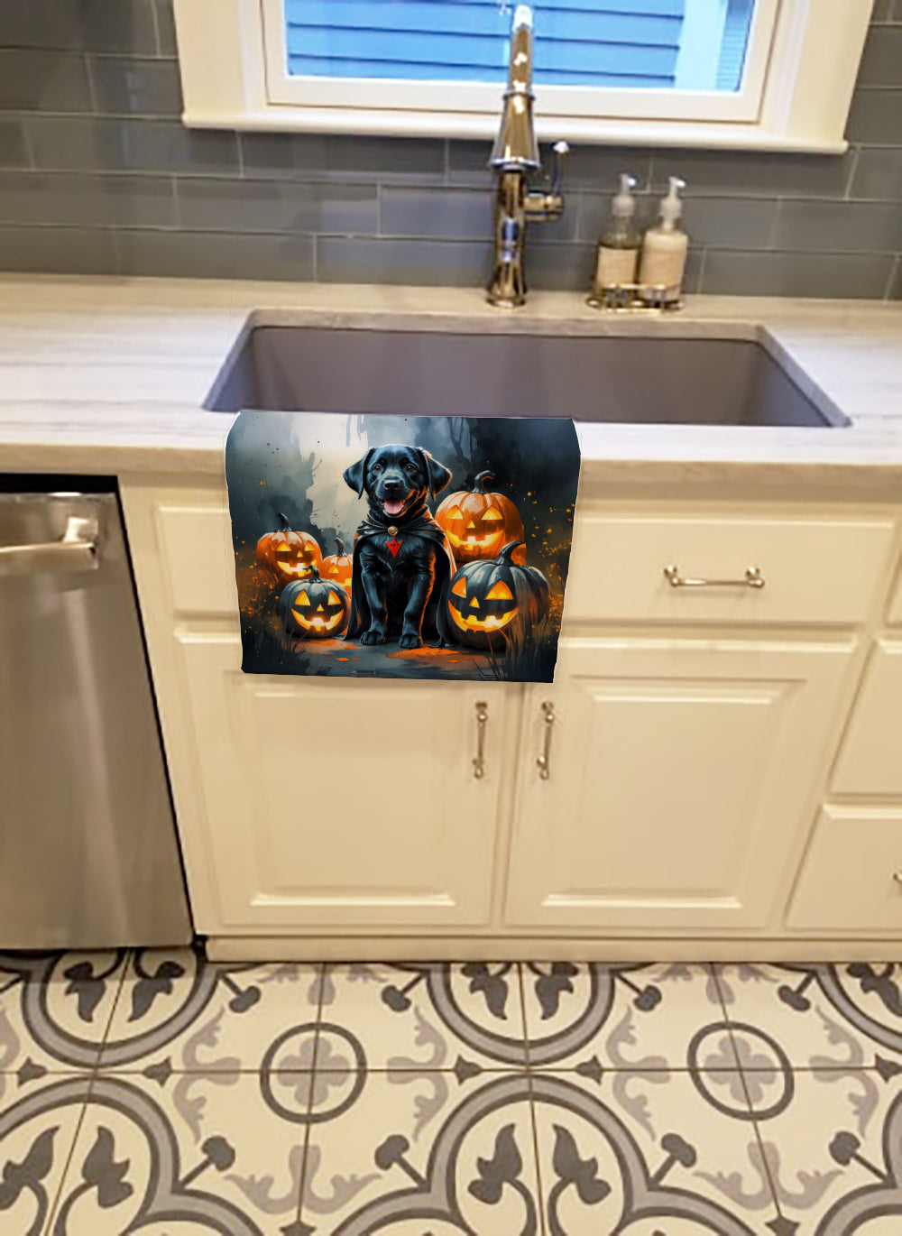Black Labrador Retriever Puppy Halloween Kitchen Towel Velour Plush Front and Cotton Loop Back Machine Washable