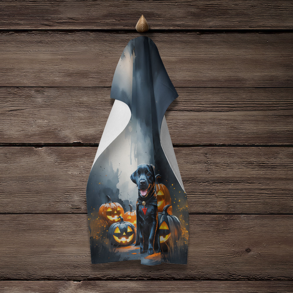 Black Labrador Retriever Puppy Halloween Kitchen Towel Velour Plush Front and Cotton Loop Back Machine Washable