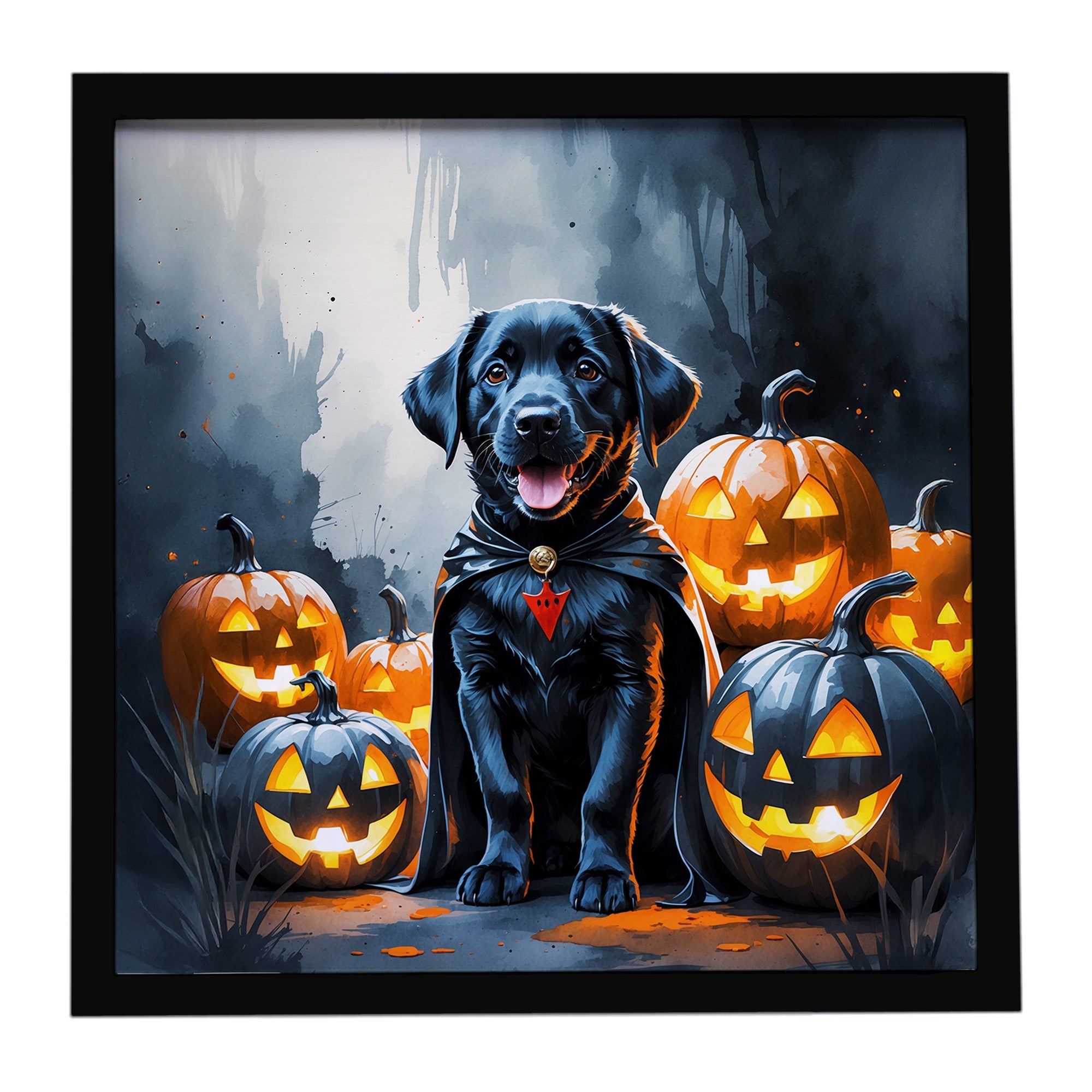 Black Labrador Retriever Puppy Halloween Framed Metal Print Bathroom, Kitchen, Office, Home Decor Wall Art Ready to Hang, Square, 8X8