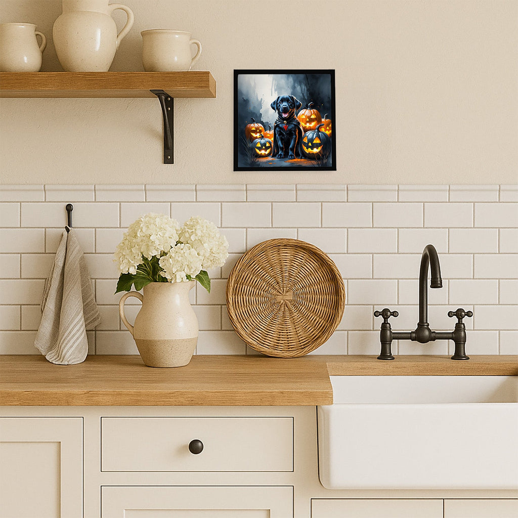 Black Labrador Retriever Puppy Halloween Framed Metal Print Bathroom, Kitchen, Office, Home Decor Wall Art Ready to Hang, Square, 8X8