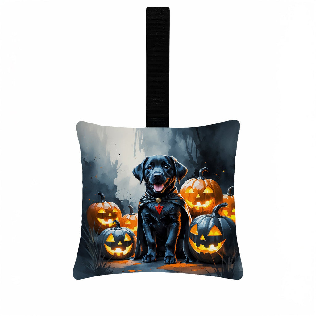 Black Labrador Retriever Puppy Halloween Hanging Square Fabric Ornament 3.5 × 3.5 Decorative Door-Knob & Tree Hanger, Soft Fabric