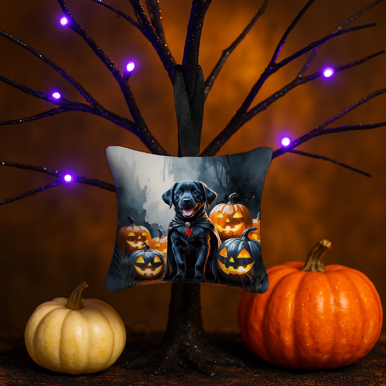 Black Labrador Retriever Puppy Halloween Hanging Square Fabric Ornament 3.5 × 3.5 Decorative Door-Knob & Tree Hanger, Soft Fabric