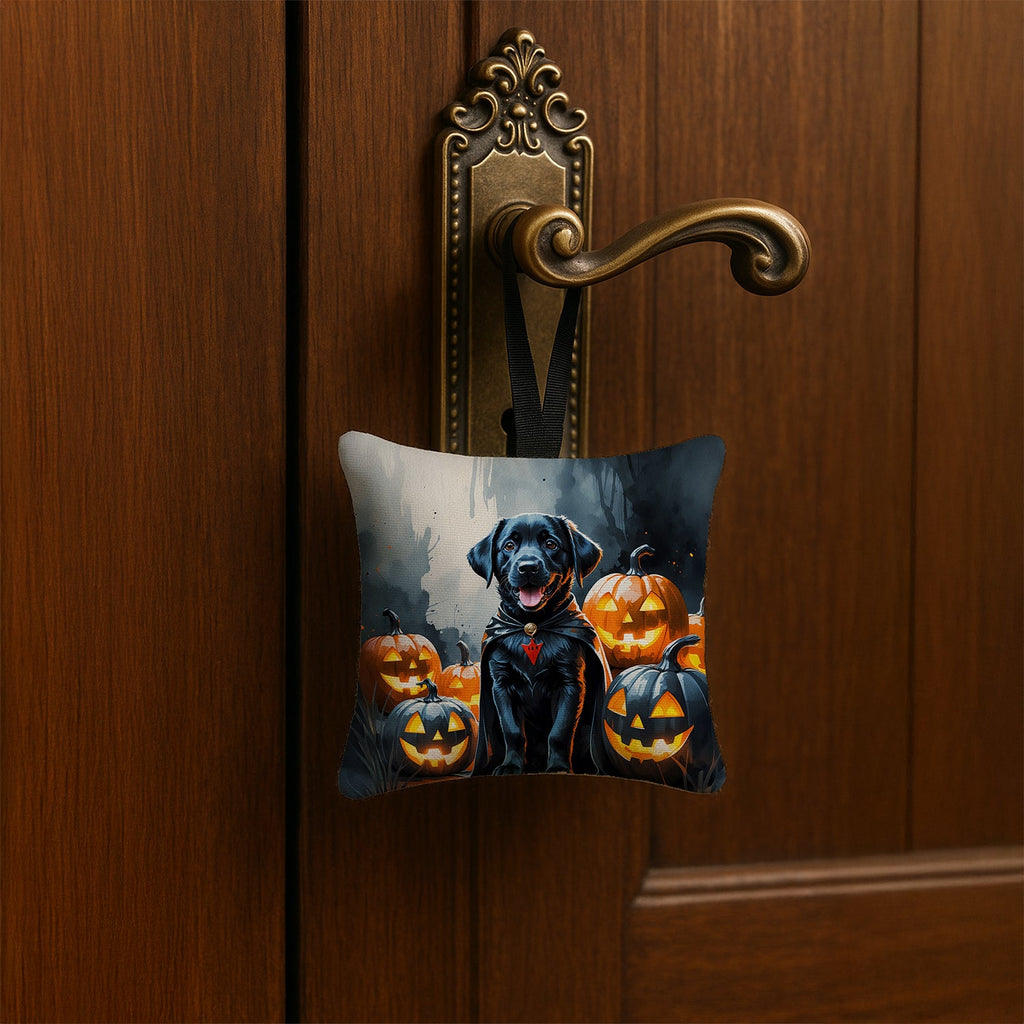Black Labrador Retriever Puppy Halloween Hanging Square Fabric Ornament 3.5 × 3.5 Decorative Door-Knob & Tree Hanger, Soft Fabric