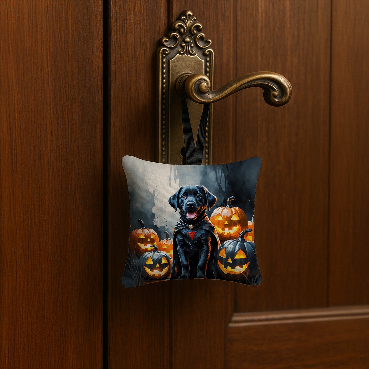 Black Labrador Retriever Puppy Halloween Hanging Square Fabric Ornament 3.5 × 3.5 Decorative Door-Knob & Tree Hanger, Soft Fabric