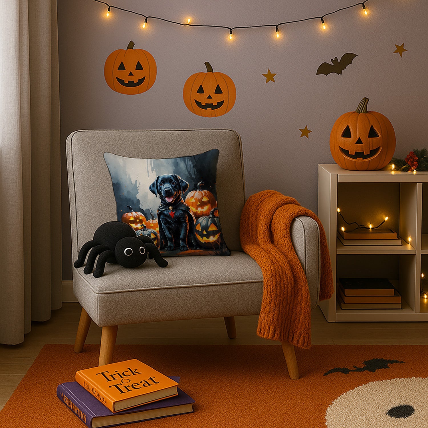 Black Labrador Retriever Puppy Halloween Decorative Throw Pillow 14x14 Indoor Outdoor Accent Cushion, Fabric Cover with Insert for Sofa, Bed, Porch & Living Room