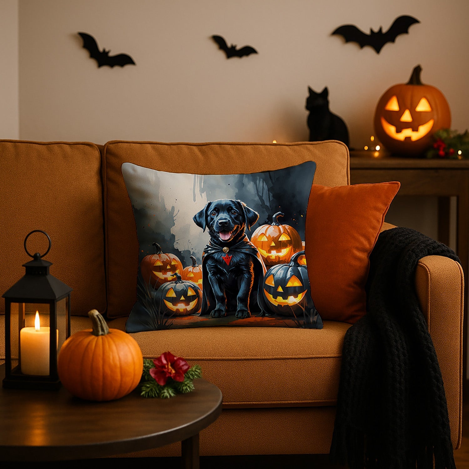Black Labrador Retriever Puppy Halloween Decorative Throw Pillow 18x18 Indoor Outdoor Accent Cushion, Fabric Cover with Insert for Sofa, Bed, Porch & Living Room