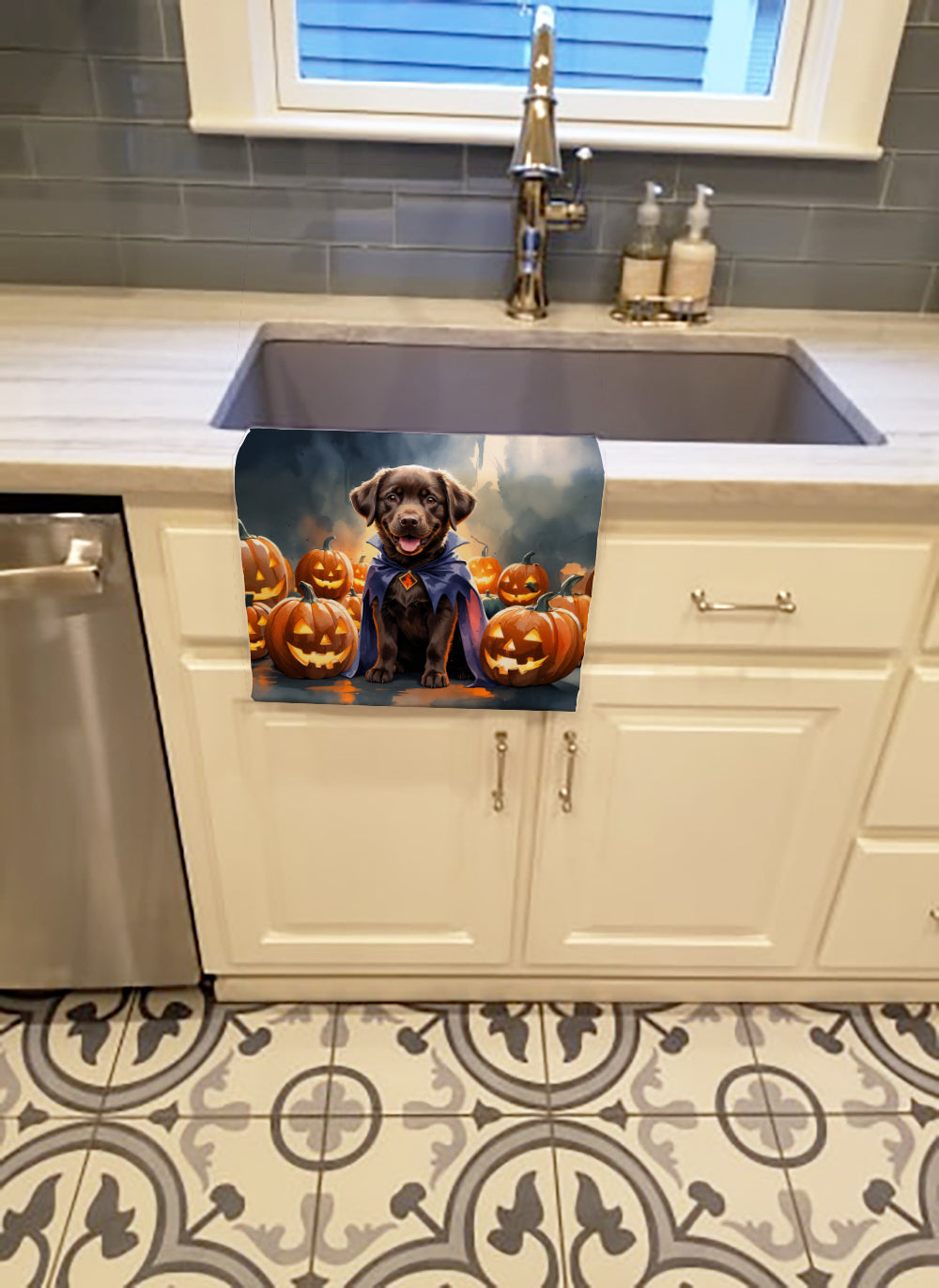 Chocolate Labrador Retriever Puppy Halloween Kitchen Towel Velour Plush Front and Cotton Loop Back Machine Washable