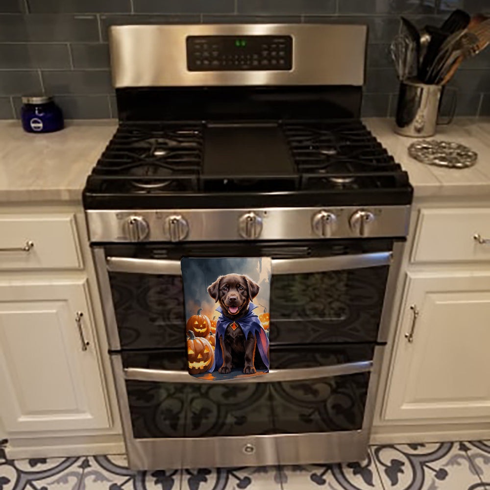 Chocolate Labrador Retriever Puppy Halloween Kitchen Towel Velour Plush Front and Cotton Loop Back Machine Washable