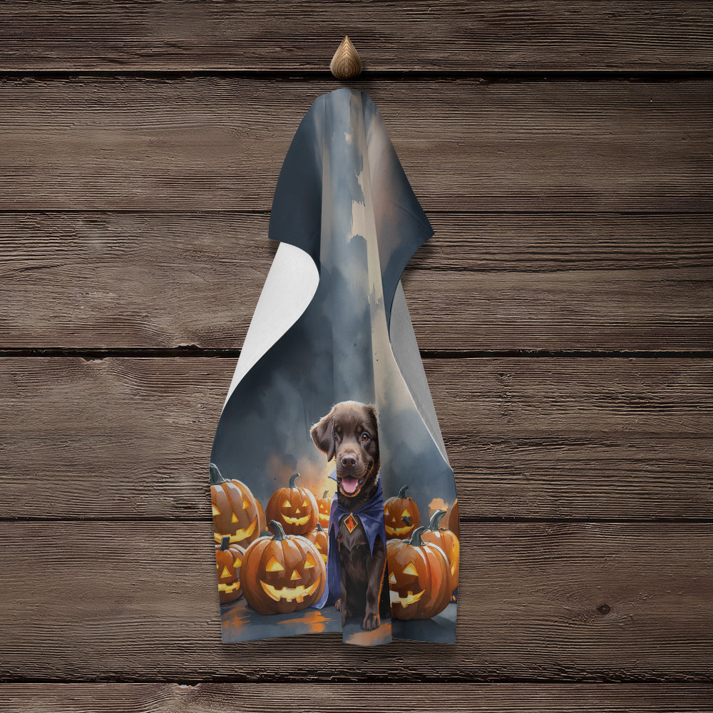 Chocolate Labrador Retriever Puppy Halloween Kitchen Towel Velour Plush Front and Cotton Loop Back Machine Washable